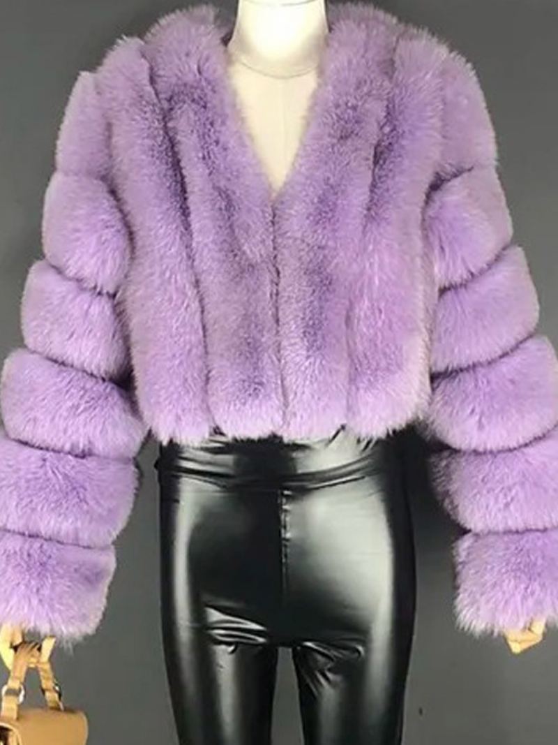 Faux Fur Coat V-hals Langermet Vinter Yttertøy For Dame - Lavendel