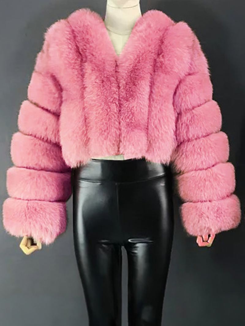 Faux Fur Coat V-hals Langermet Vinter Yttertøy For Dame - Rosa