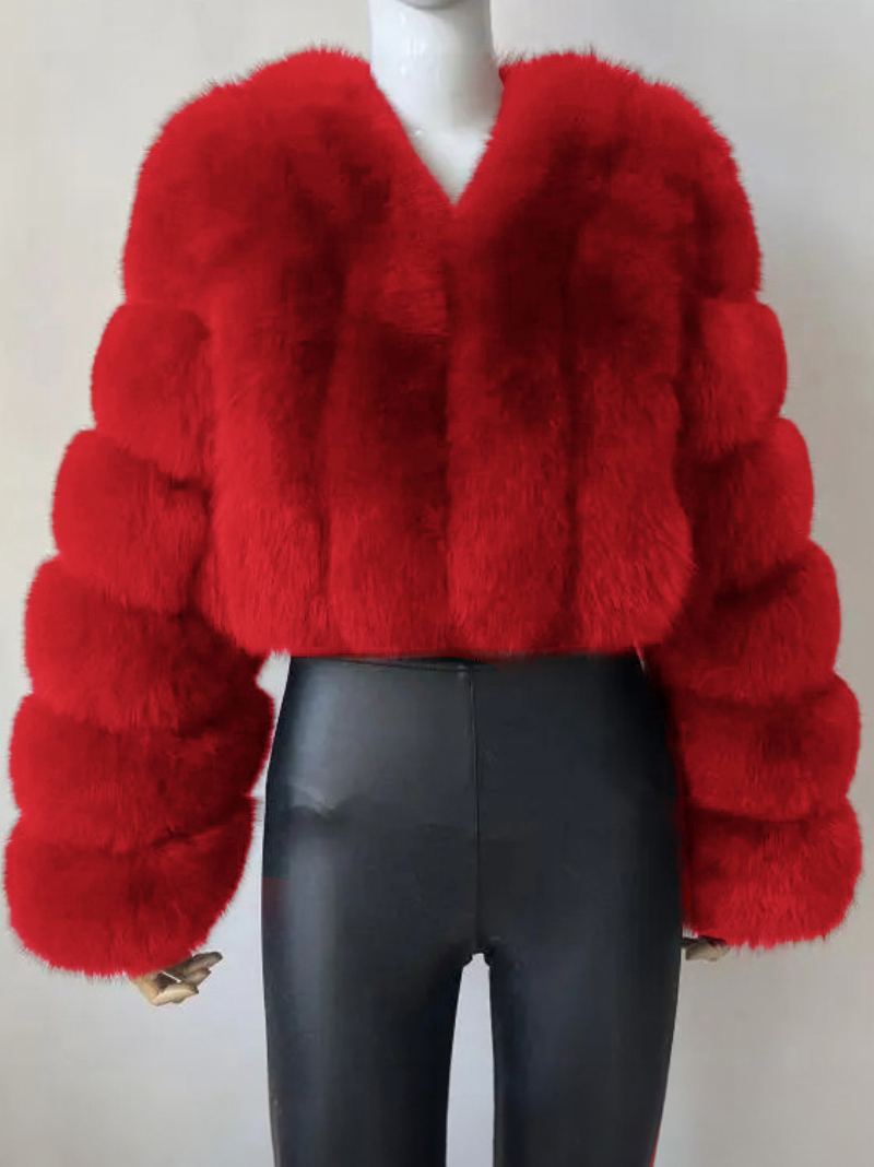 Faux Fur Coat V-hals Langermet Vinter Yttertøy For Dame - Rød