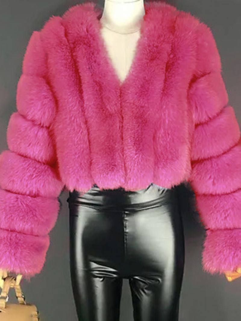 Faux Fur Coat V-hals Langermet Vinter Yttertøy For Dame - Rose