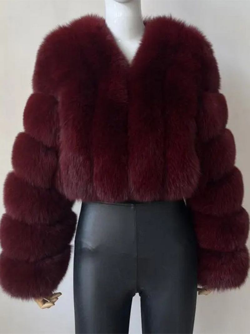 Faux Fur Coat V-hals Langermet Vinter Yttertøy For Dame - Burgunder