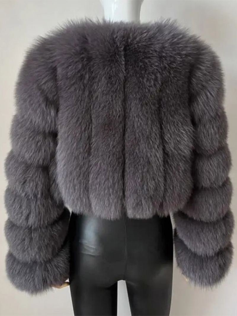 Faux Fur Coat V-hals Langermet Vinter Yttertøy For Dame - Grå