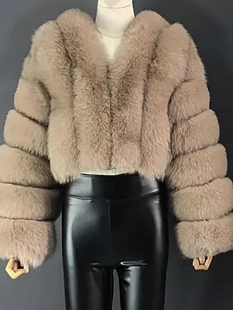 Faux Fur Coat V-hals Langermet Vinter Yttertøy For Dame - Kamel