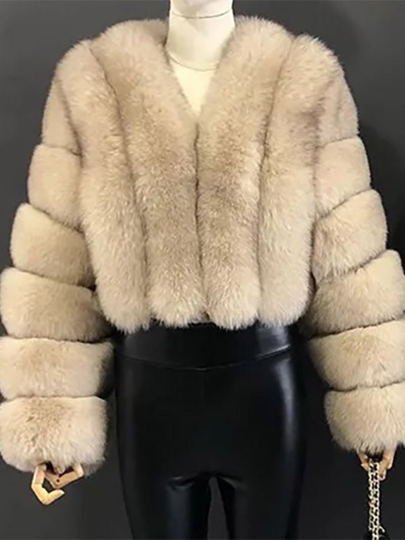 Faux Fur Coat V-hals Langermet Vinter Yttertøy For Dame - Beige