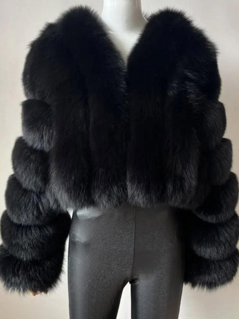 Faux Fur Coat V-hals Langermet Vinter Yttertøy For Dame - Sort