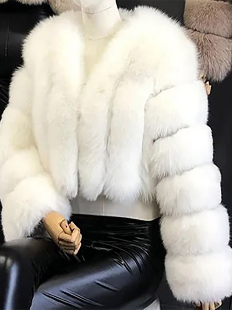 Faux Fur Coat V-hals Langermet Vinter Yttertøy For Dame - Hvit