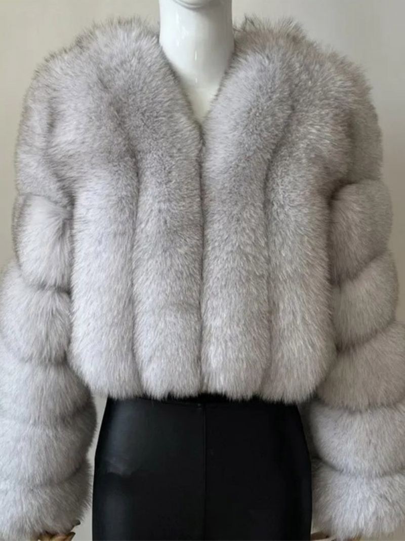 Faux Fur Coat V-hals Langermet Vinter Yttertøy For Dame - Sølv