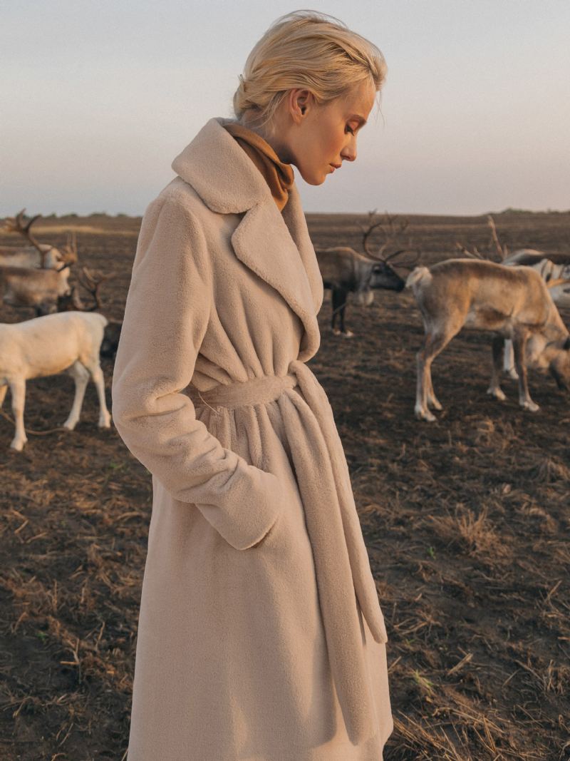 Faux Fur Coats Beltede Dame Varmt Vinter Yttertøy 2024 - Beige