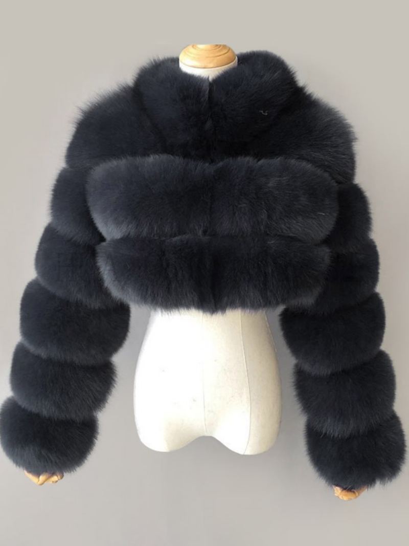 Faux Fur Coats Collared Button Front Kort Yttertøy For Dame - Dyp Grå