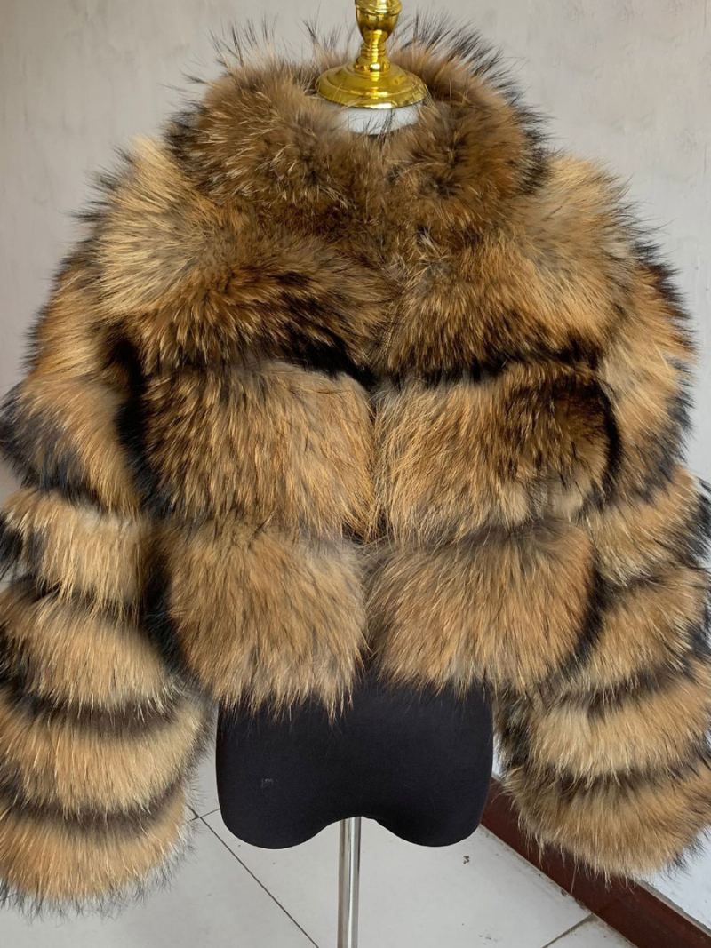 Faux Fur Coats Collared Button Front Kort Yttertøy For Dame - Kaffebrun