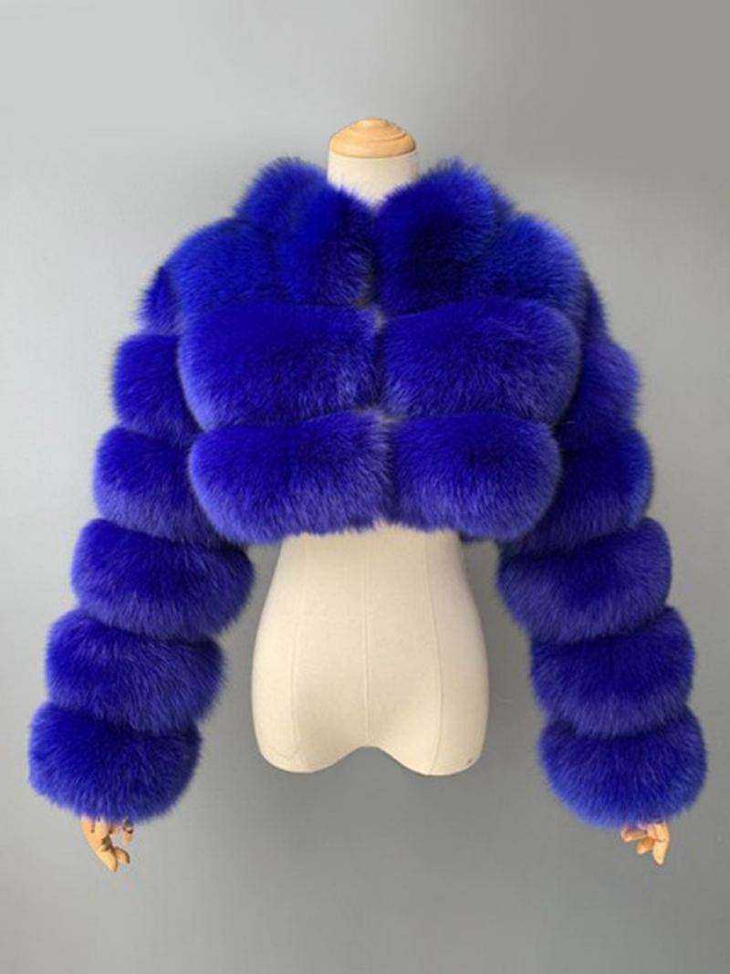 Faux Fur Coats Collared Button Front Kort Yttertøy For Dame - Kongeblå