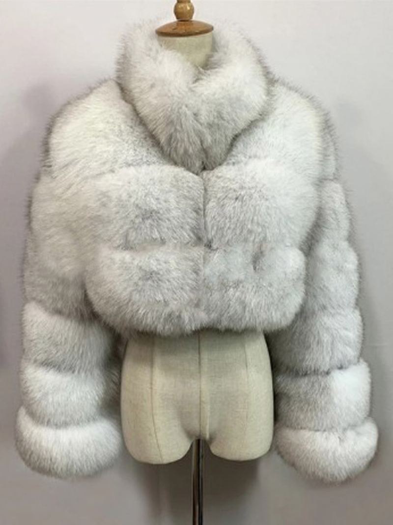 Faux Fur Coats Collared Button Front Kort Yttertøy For Dame - Kaldhvit