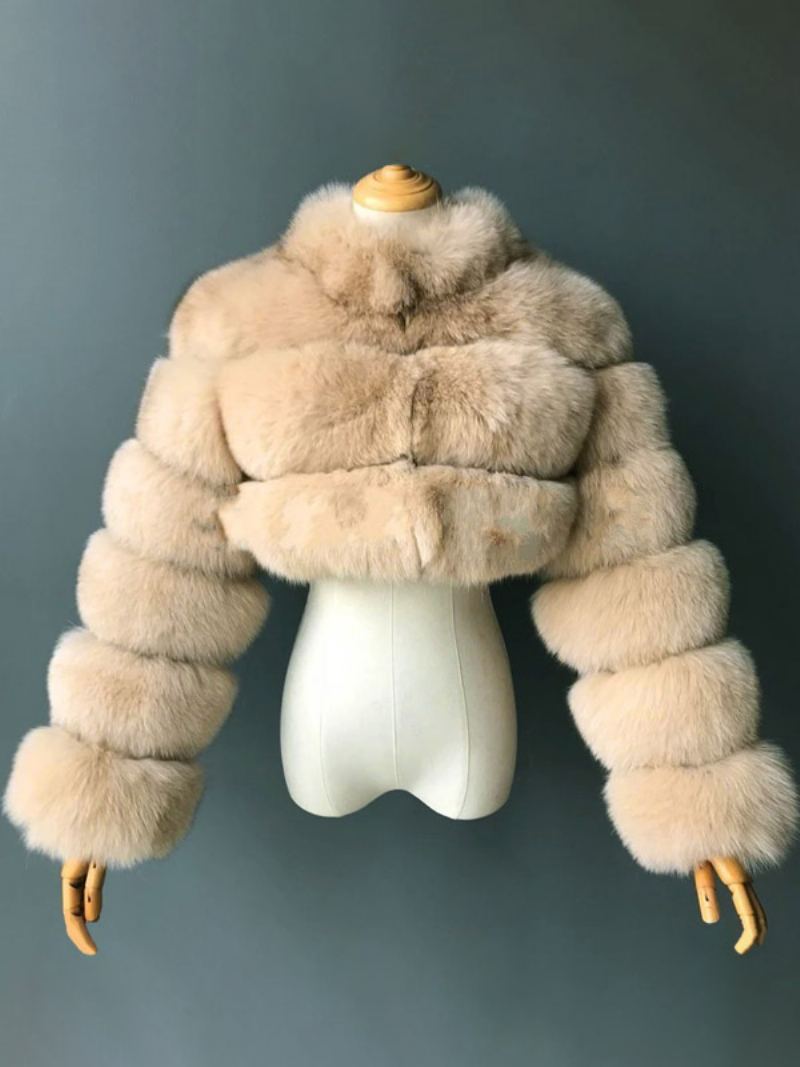 Faux Fur Coats Collared Button Front Kort Yttertøy For Dame - Kamel