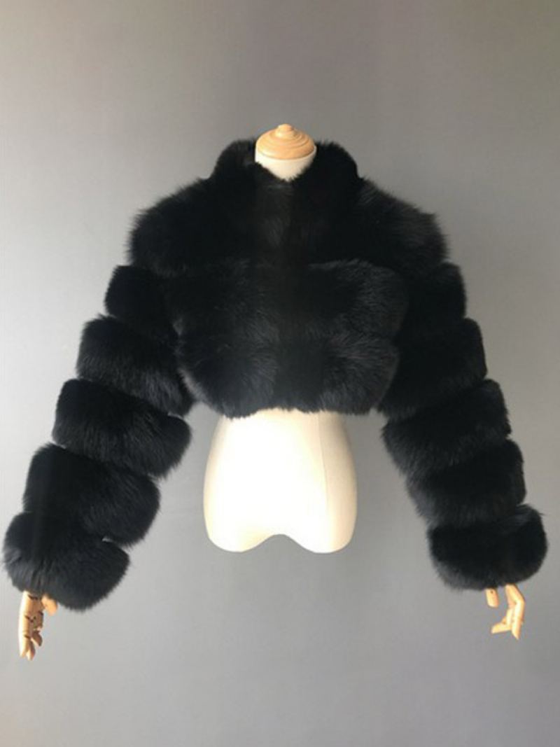 Faux Fur Coats Collared Button Front Kort Yttertøy For Dame - Svart