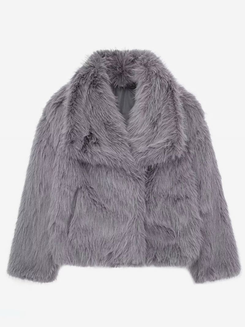 Faux Fur Coats Collared Open Front Langermer Yttertøy For Kvinner - Grå