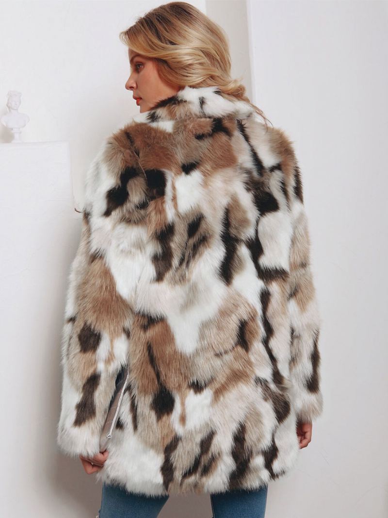 Faux Fur Coats Color Block Dame Vinter Yttertøy 2024 - Kaffe Brun