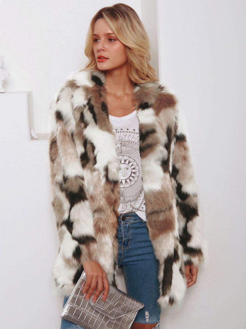 Faux Fur Coats Color Block Dame Vinter Yttertøy 2024 - Kaffe Brun