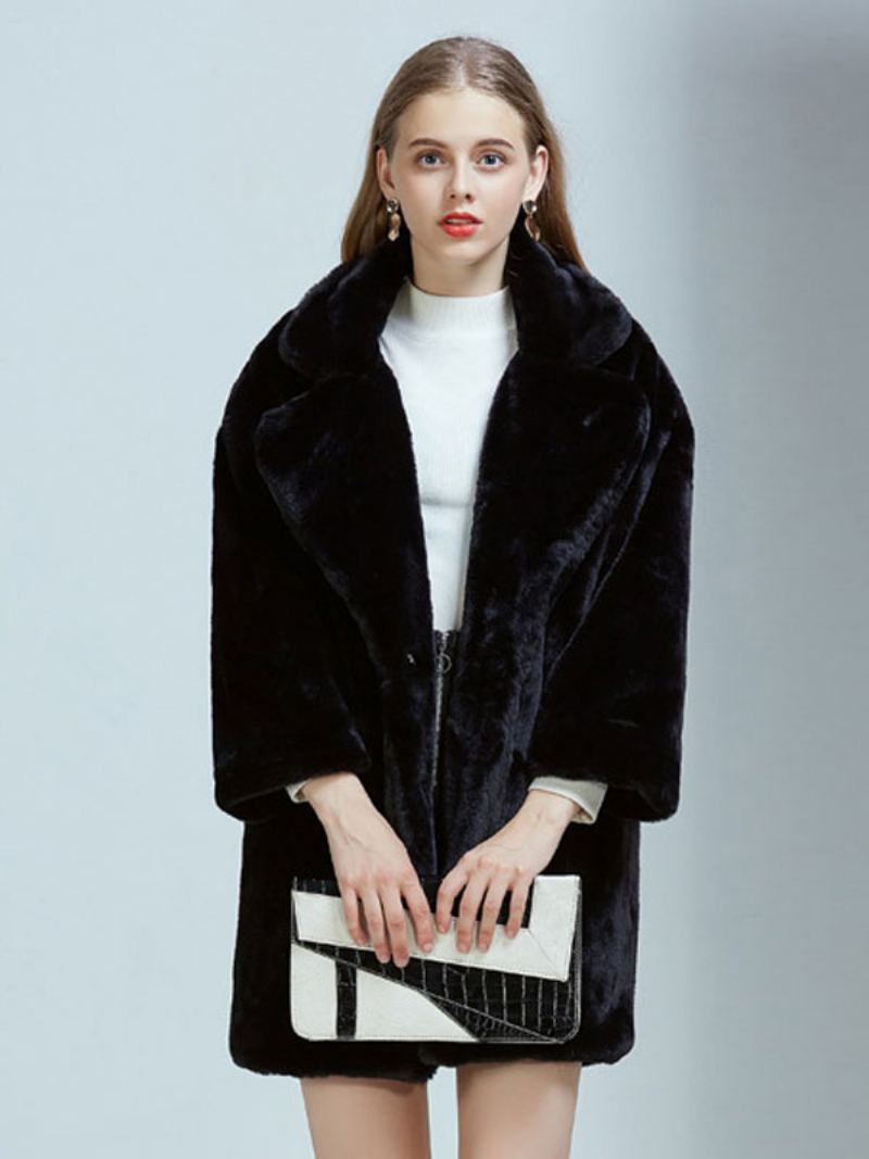 Faux Fur Coats For Dame Hvit Vinter Yttertøy - Svart