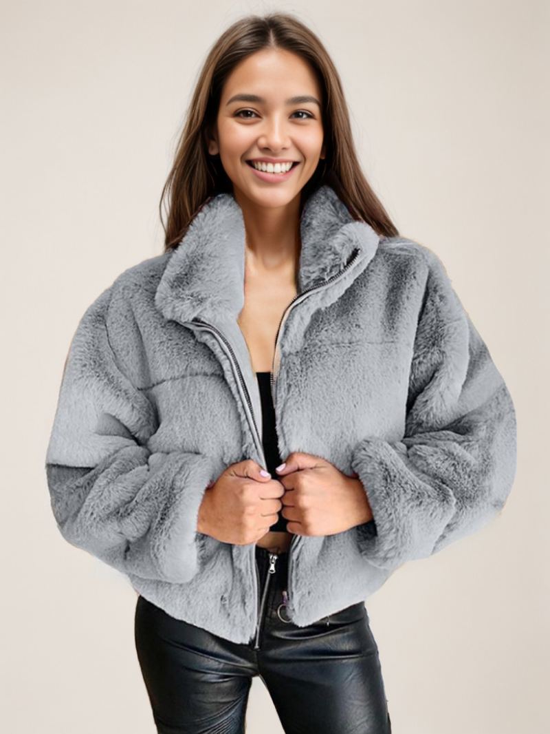 Faux Fur Coats For Dame Stand Collar Vinter Yttertøy - Lysegrå