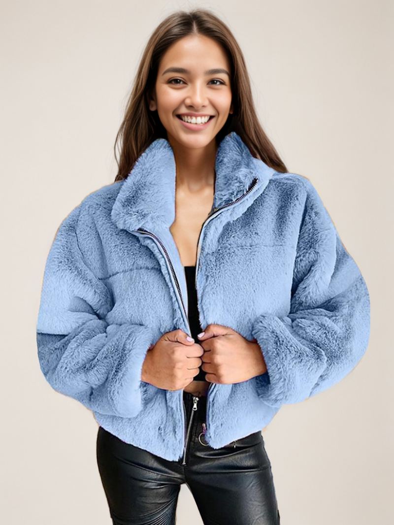 Faux Fur Coats For Dame Stand Collar Vinter Yttertøy - Lys Himmelblå