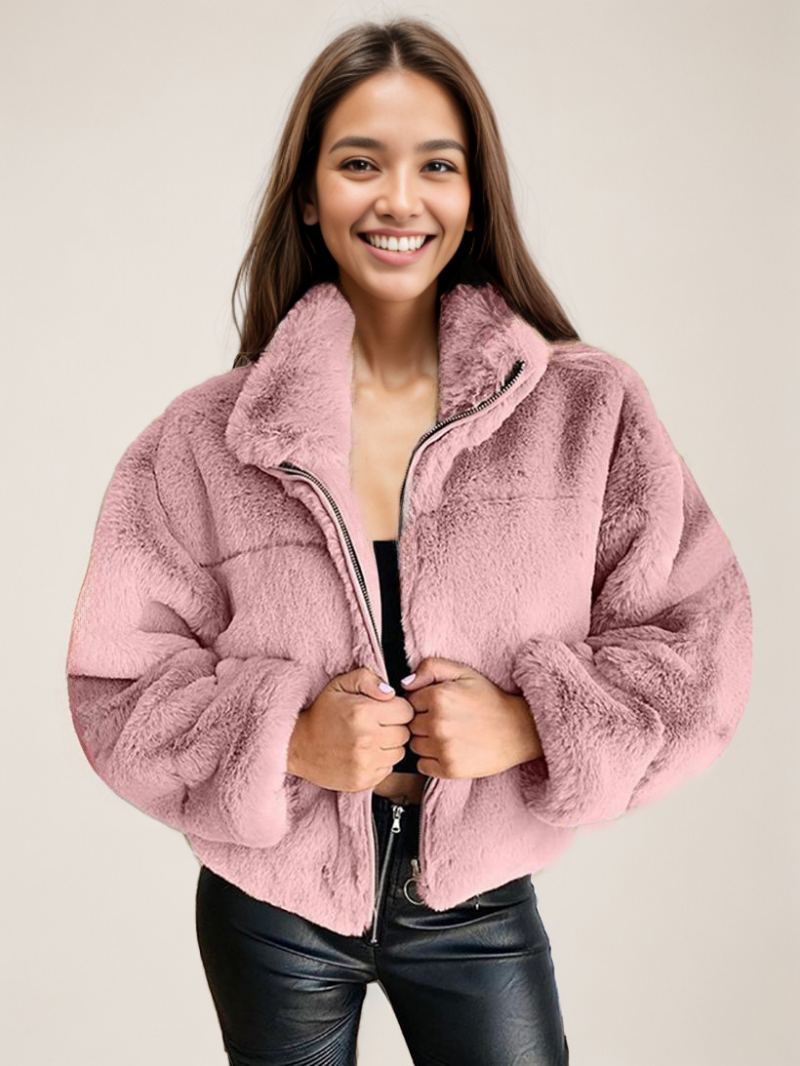 Faux Fur Coats For Dame Stand Collar Vinter Yttertøy - Rosa