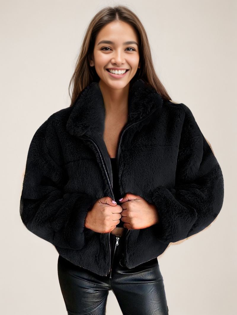 Faux Fur Coats For Dame Stand Collar Vinter Yttertøy - Sort