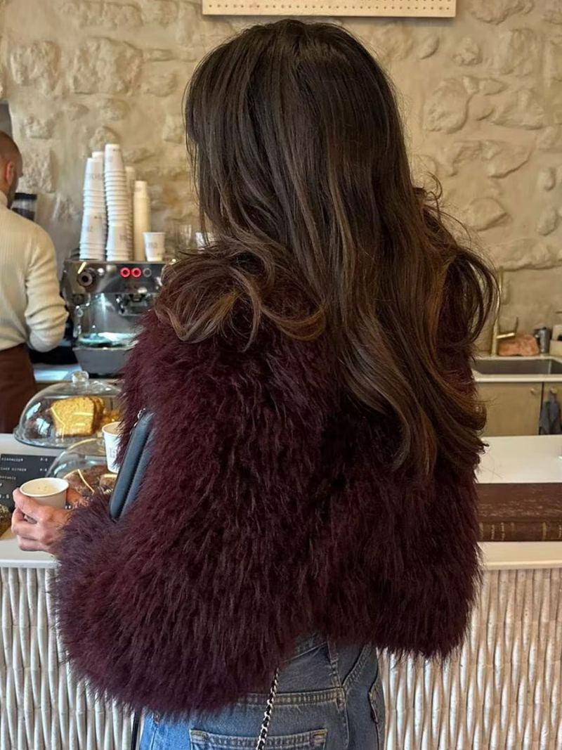 Faux Fur Coats Langermet Åpen Front Vinter Yttertøy For Dame - Burgunder