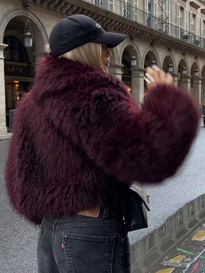 Faux Fur Coats Langermet Åpen Front Vinter Yttertøy For Dame - Burgunder