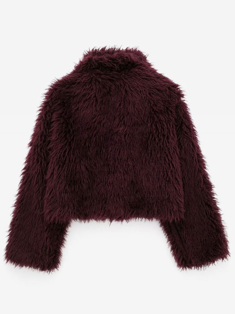 Faux Fur Coats Langermet Åpen Front Vinter Yttertøy For Dame - Burgunder