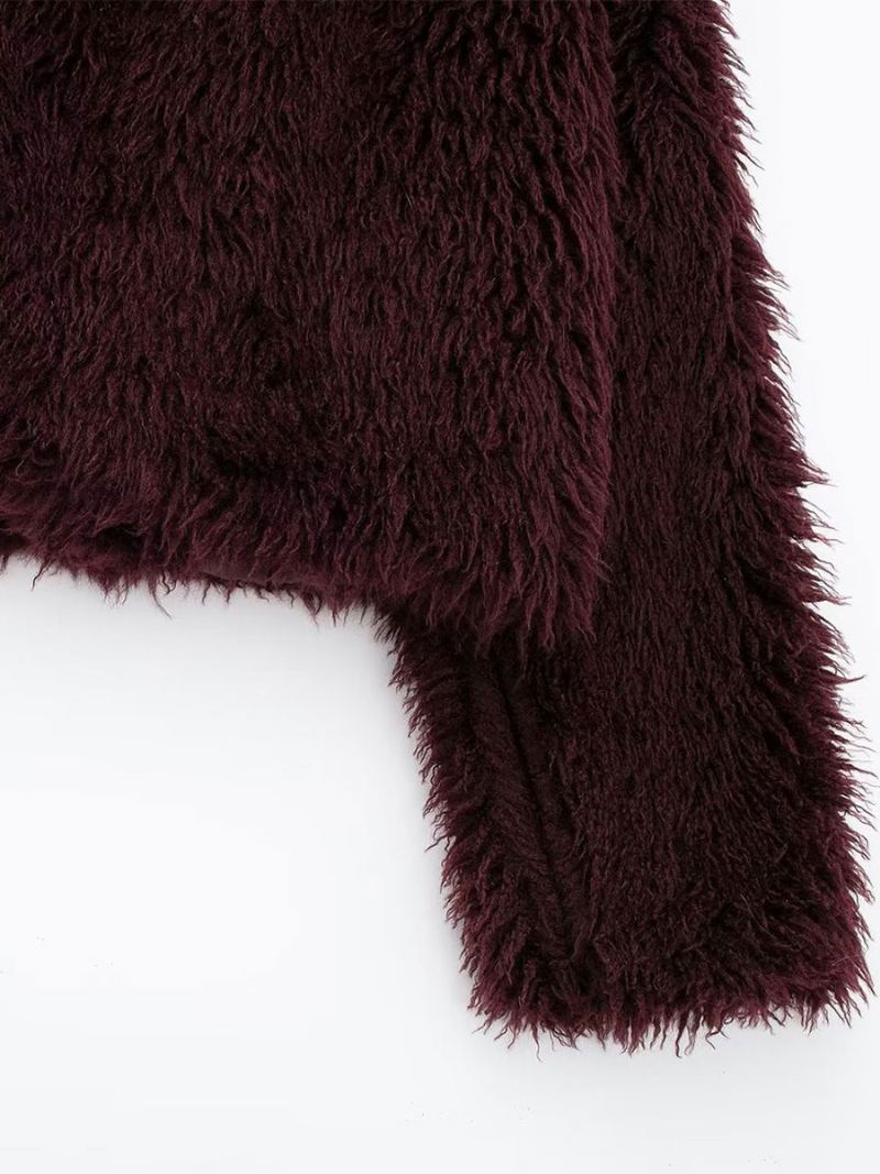 Faux Fur Coats Langermet Åpen Front Vinter Yttertøy For Dame - Burgunder