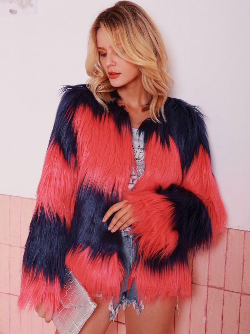 Faux Fur Coats Ture Rød Langermet Tofarget Dame Coat