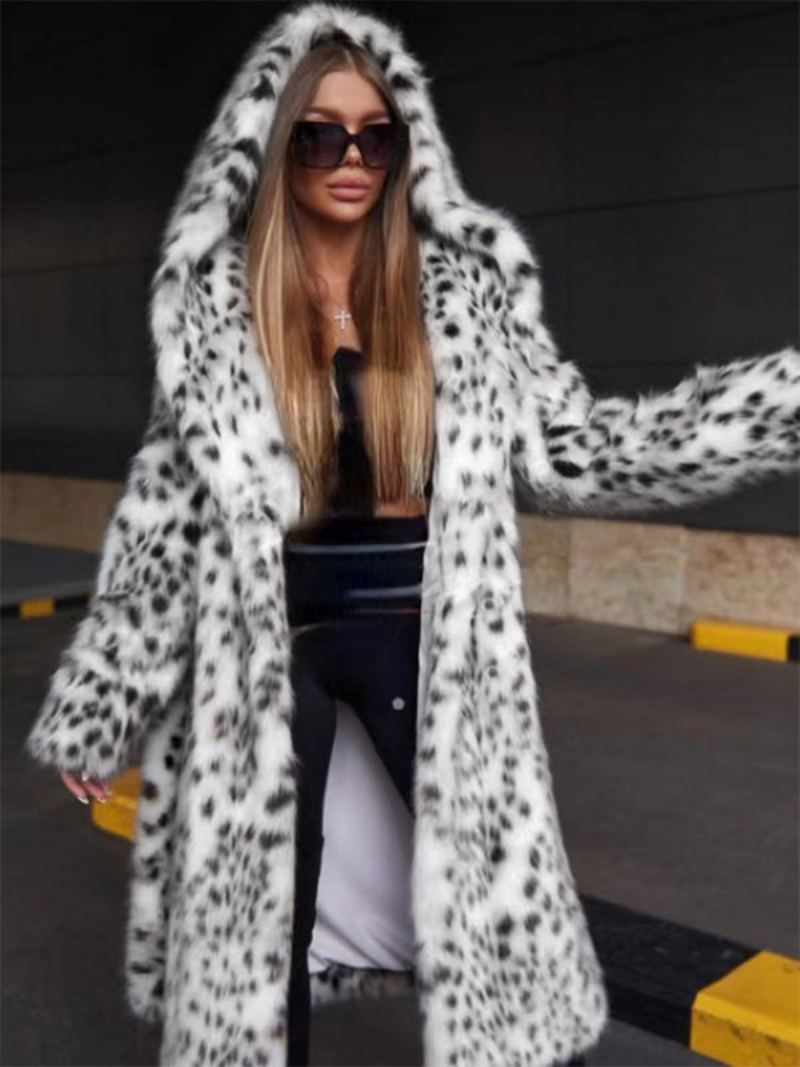 Faux Fur Overcoat Hette Leopard Print Åpen Front Yttertøy For Kvinner