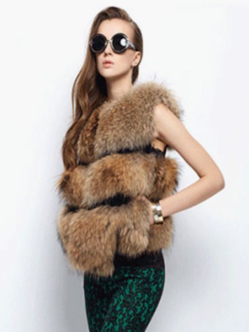 Faux Fur Vest Dame Camel Coat Ermeløs Jacket - Kamel