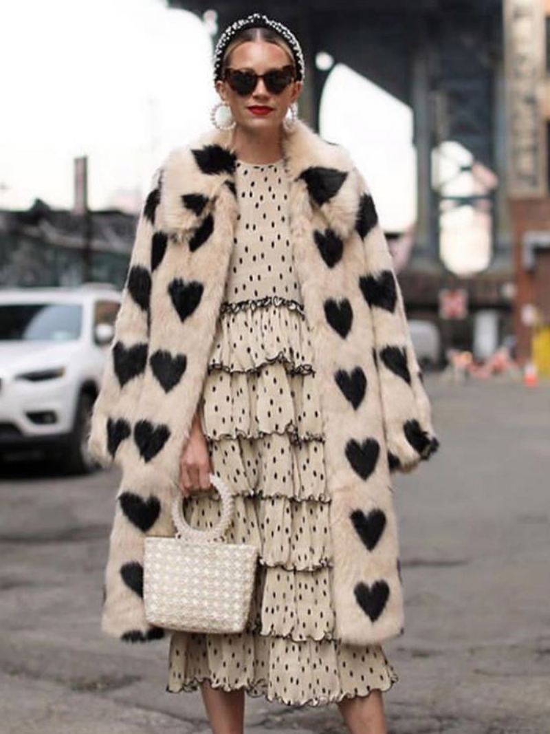 Fuzzy Overcoat Collared Heart Printed Longline Faux Fur Yttertøy For Kvinner