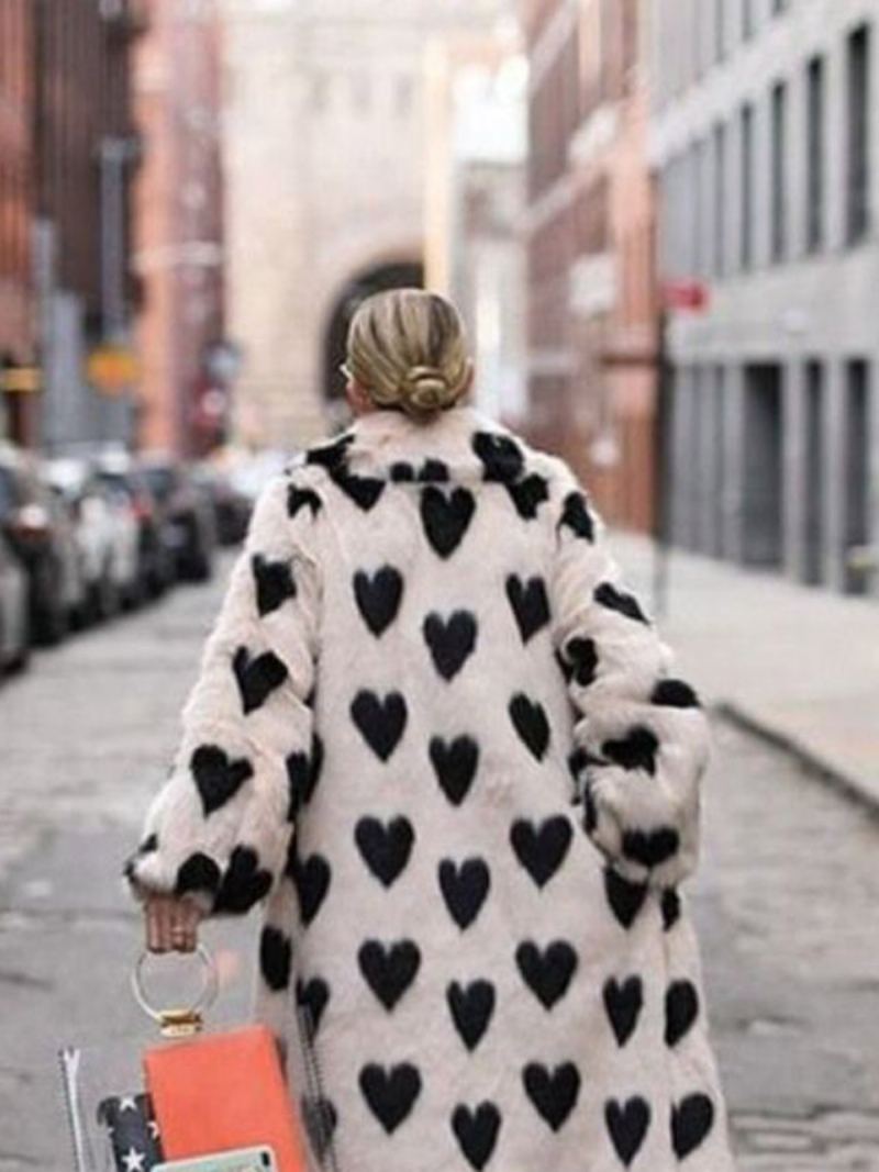 Fuzzy Overcoat Collared Heart Printed Longline Faux Fur Yttertøy For Kvinner - Hvit