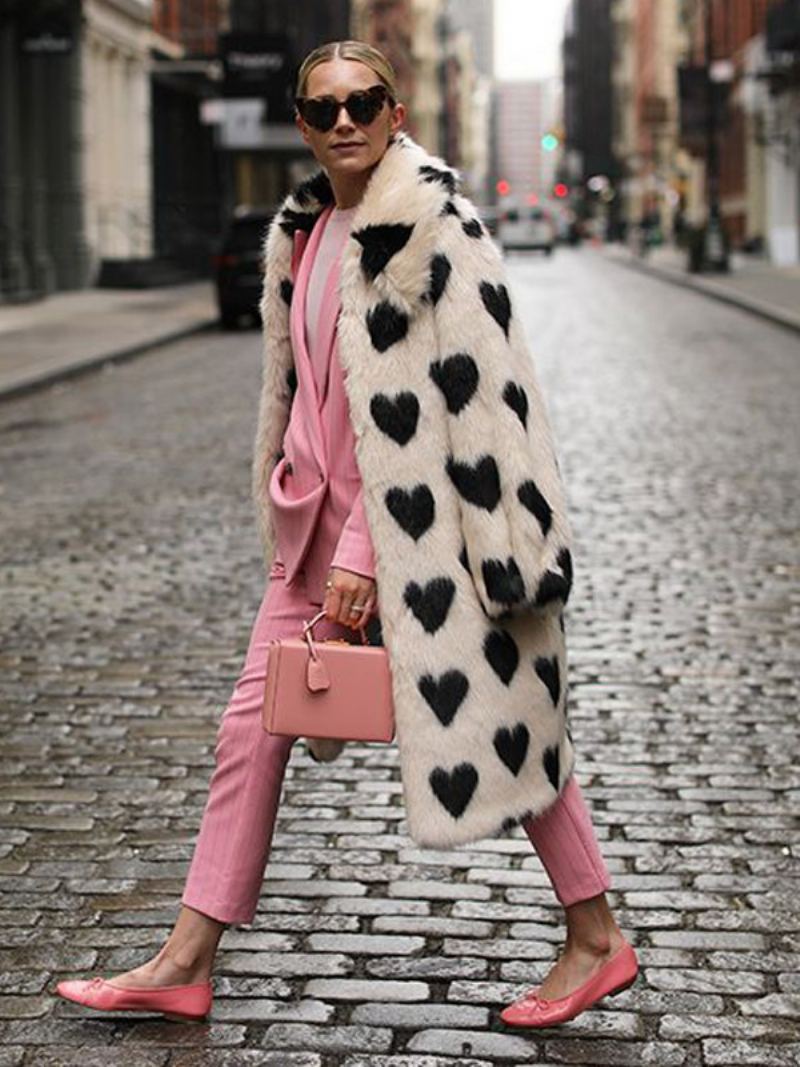 Fuzzy Overcoat Collared Heart Printed Longline Faux Fur Yttertøy For Kvinner - Hvit