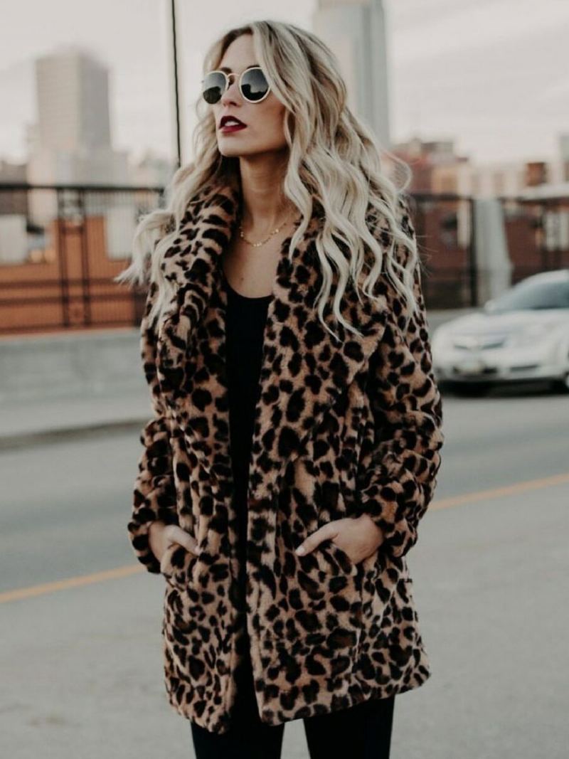 Kåper I Imitert Pels For Kvinner Leopard Langermet Print Oversized Vinterfrakk