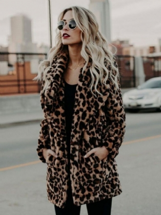 Kåper I Imitert Pels For Kvinner Leopard Langermet Print Oversized Vinterfrakk