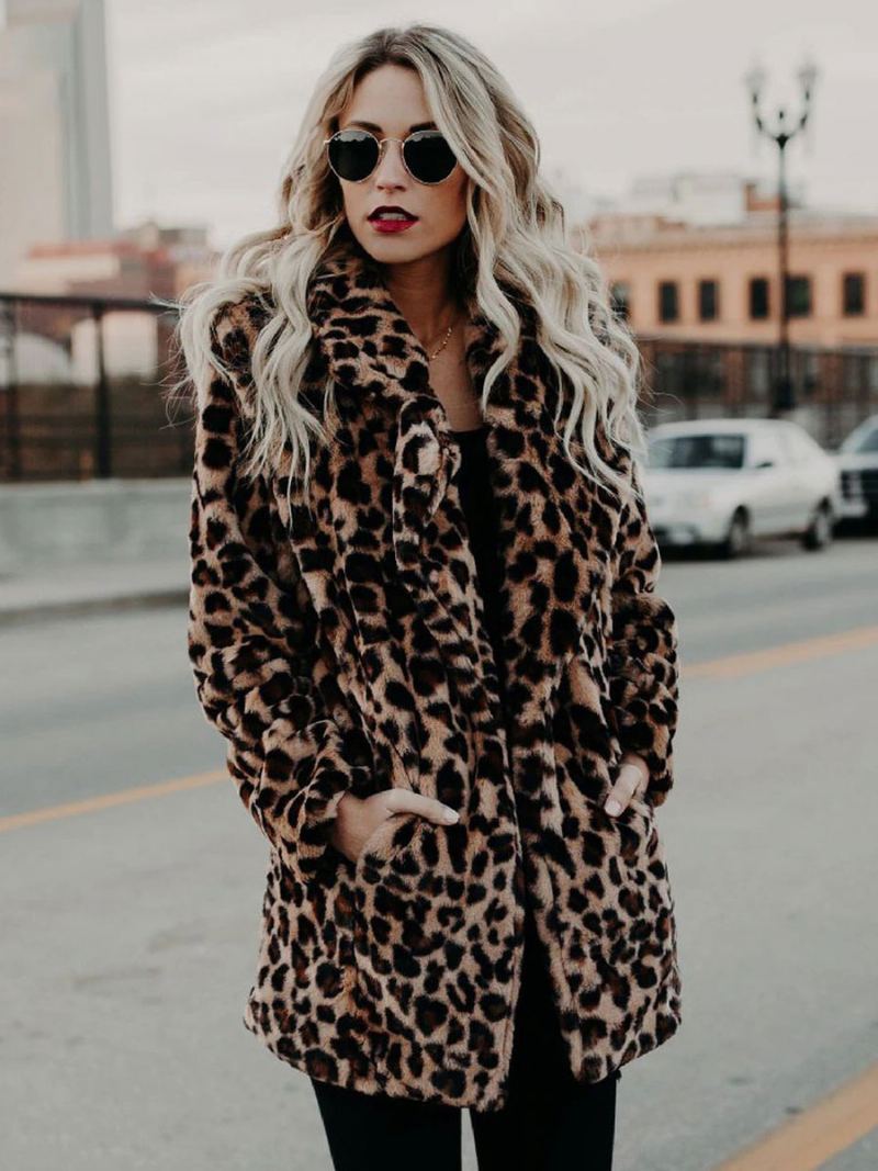 Kåper I Imitert Pels For Kvinner Leopard Langermet Print Oversized Vinterfrakk - Leopard