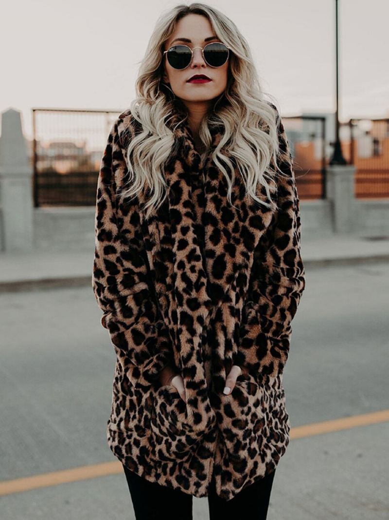 Kåper I Imitert Pels For Kvinner Leopard Langermet Print Oversized Vinterfrakk - Leopard