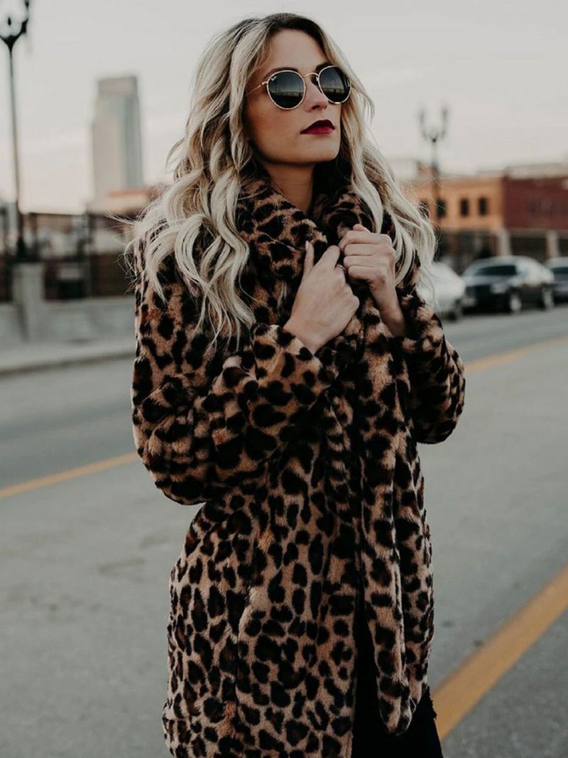 Kåper I Imitert Pels For Kvinner Leopard Langermet Print Oversized Vinterfrakk - Leopard