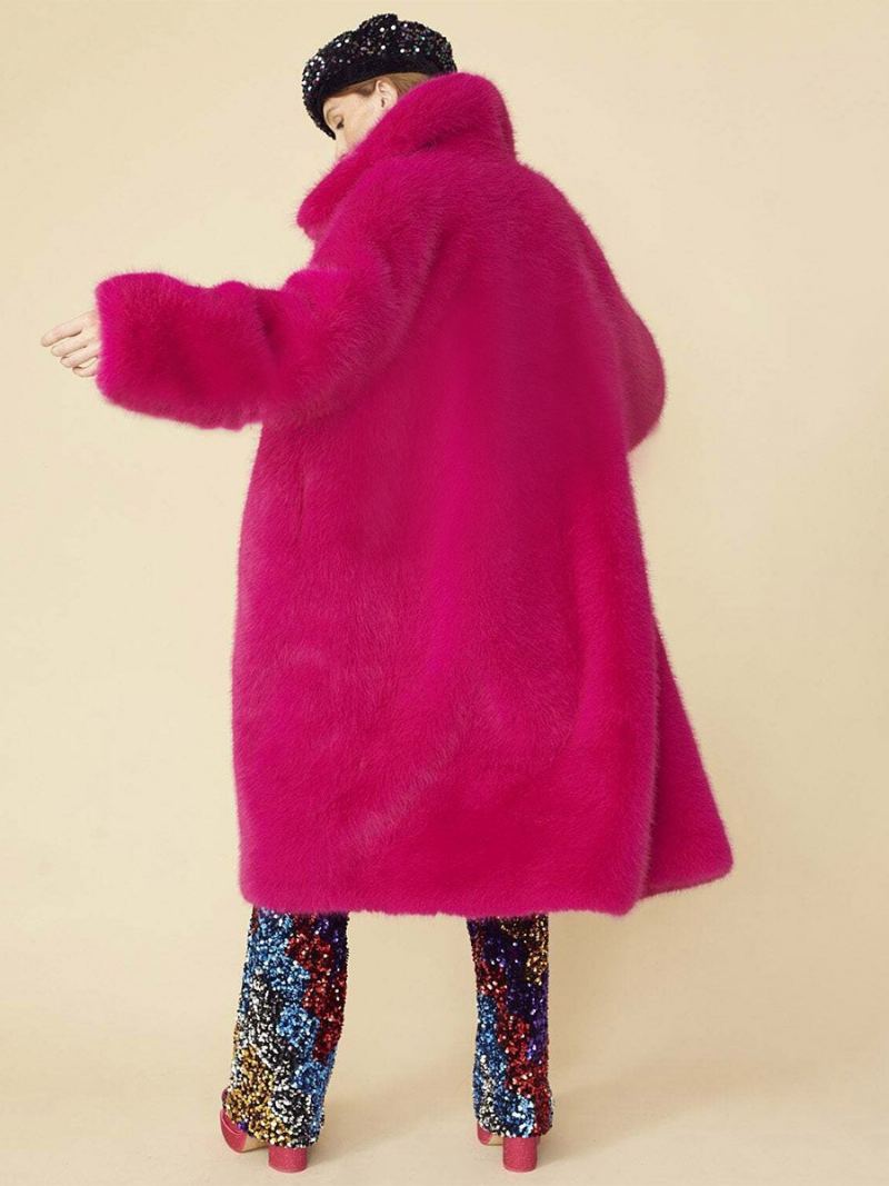 Longline Fuzzy Coat Krage Foran Knapp Ensfarget Yttertøy For Kvinner - Rose