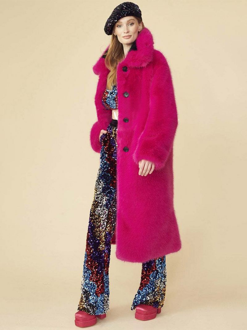 Longline Fuzzy Coat Krage Foran Knapp Ensfarget Yttertøy For Kvinner - Rose