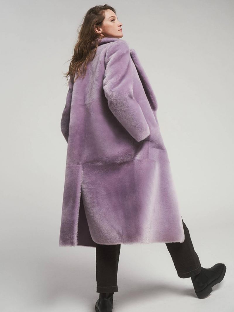 Longline Teddy Coat Hakk Lapel Skrålommer Yttertøy For Dame - Lavendel