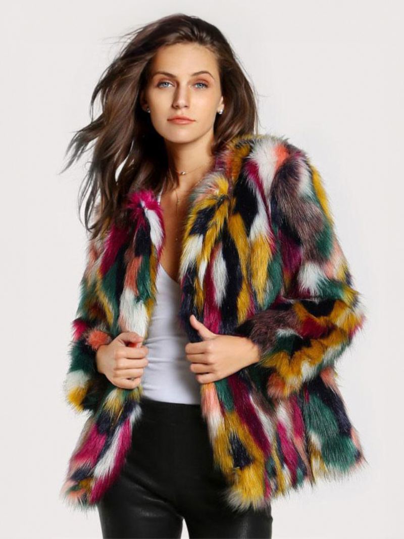 Plysj Faux Fur Coat Color Block Vinter Yttertøy For Dame