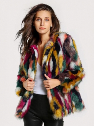 Plysj Faux Fur Coat Color Block Vinter Yttertøy For Dame