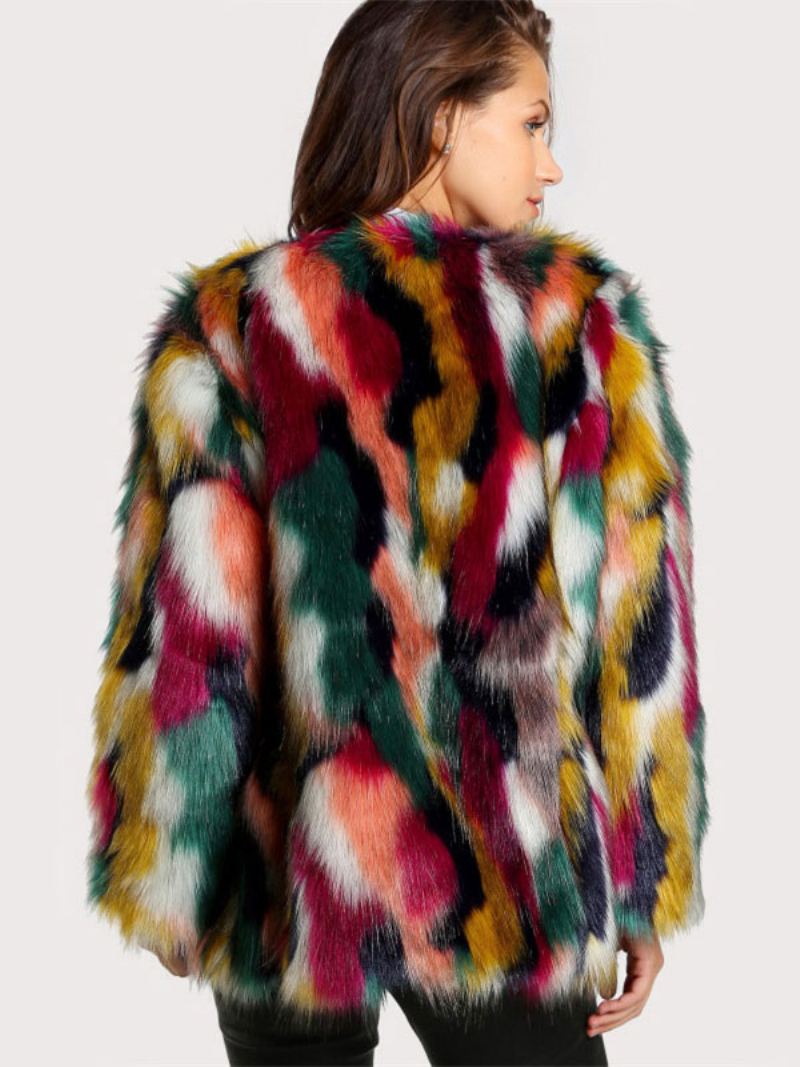 Plysj Faux Fur Coat Color Block Vinter Yttertøy For Dame - Gul