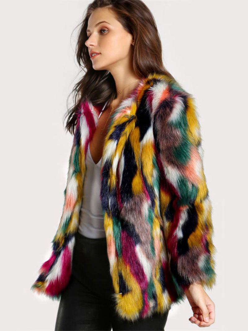 Plysj Faux Fur Coat Color Block Vinter Yttertøy For Dame - Gul