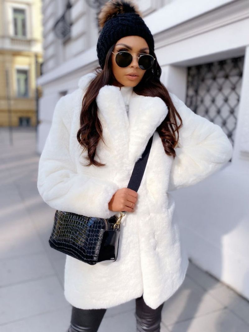 Plysj Faux Fur Coat Vinter Midi Yttertøy For Dame - Hvit