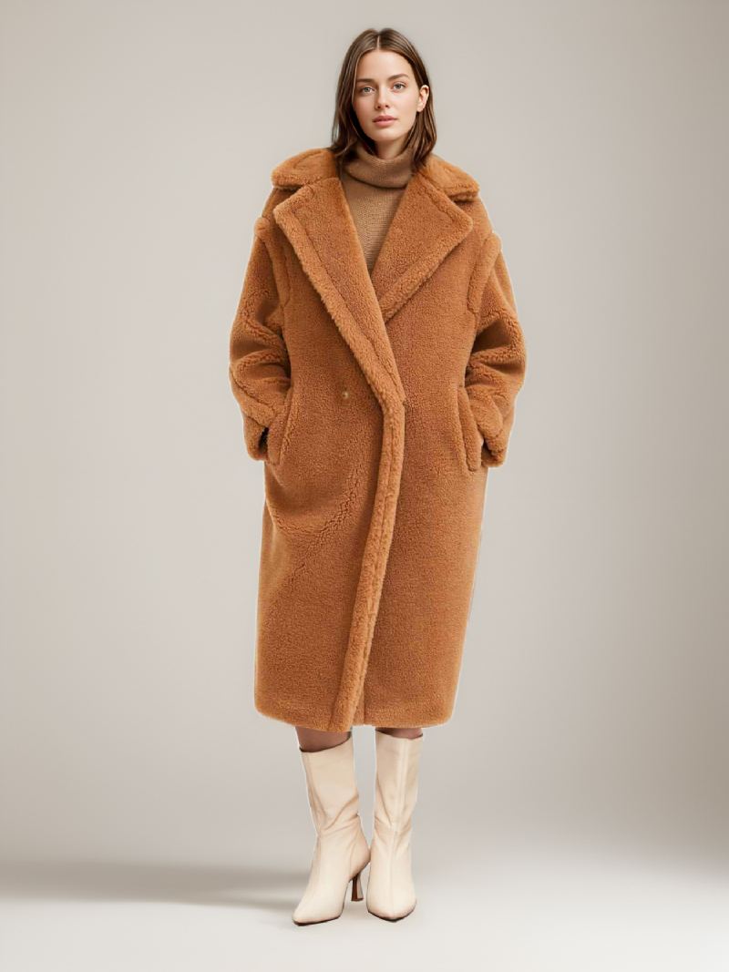 Teddy Coat Lapel Longline Faux Fur Yttertøy For Dame